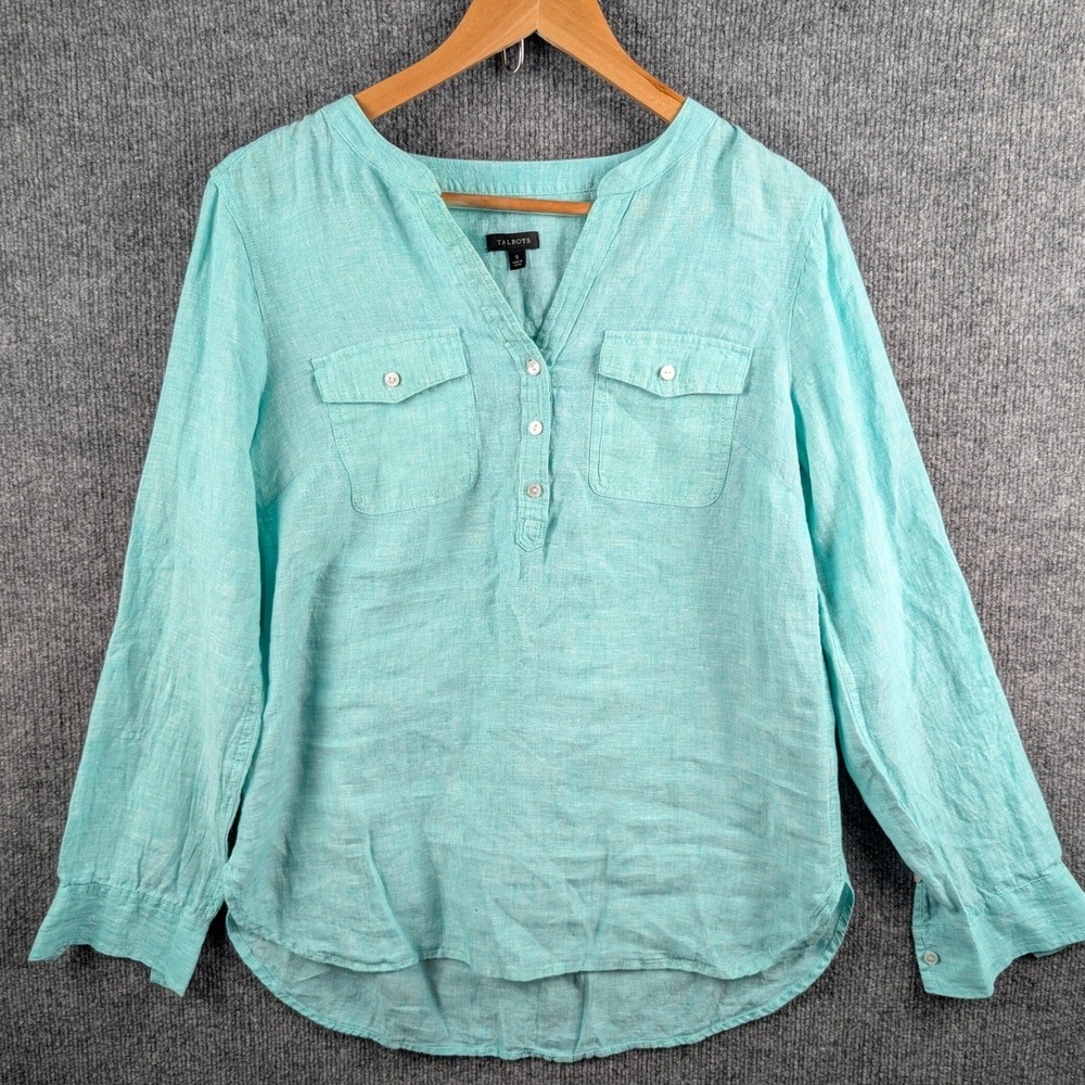 Talbots Womens Aqua Teal Blue 100% Linen V-Neck Roll Tab Sleeve Top Size S